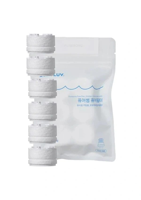 Five white cylindrical replacement filters stacked vertically next to a white resealable pouch with blue text and wave graphics on a plain white background.